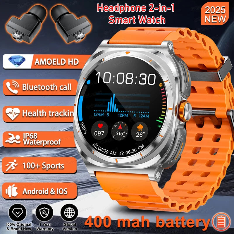 2025 Outdoor Sport Smartwatch AMOLED-scherm Hartslagmeter Waterdicht Bellen TWS Headset Smartwatch Voor Mannen - Compatibel met HUAWEI &amp; Samsung Galaxy IOS