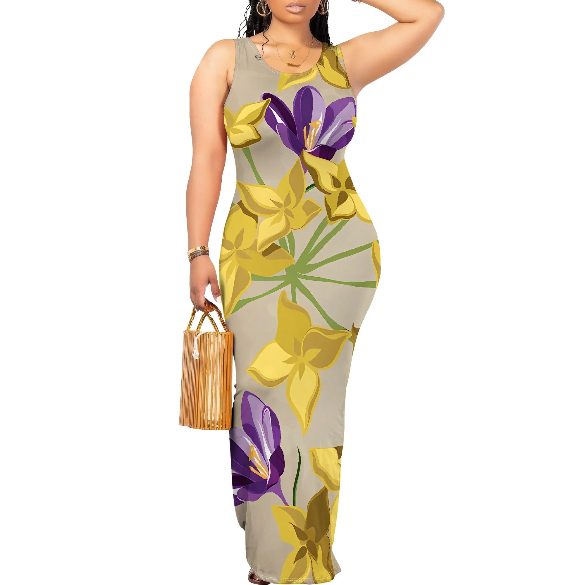 Lily of the Valley Print Maxi Dress Sleeveless Green Leaf Pink Bodycon Long Dress for Women Spring Summer Look