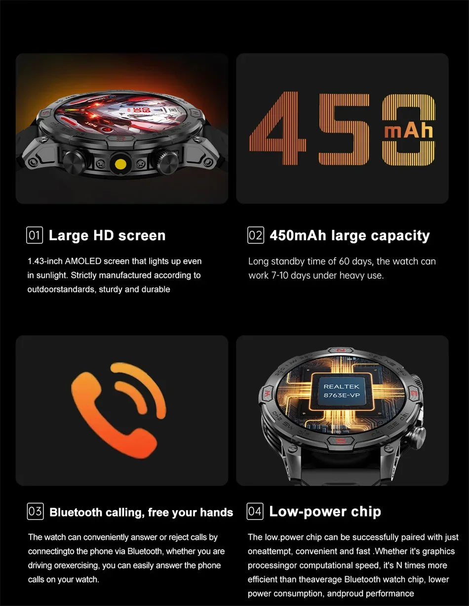 Outdoor Military Smart Watch Men Compass GPS Track Bluetooth Call IP68 Waterproof AMOLED Screen Smartwatch Compatible with Android IOS