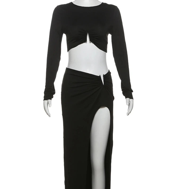 Classic Matching 2 Piece Set Women Fashion Solid Long Sleeve O-neck Crop Tees+Splited Maxi Skirts Female High Street Suits