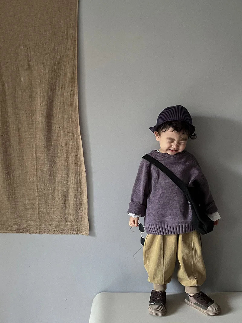 Pure Cotton Solid Kids Sweaters Vintage Boys Pullover Knitwear Toddler Girls Sweater Shirt Outwear For Children 1-6Y Unisex