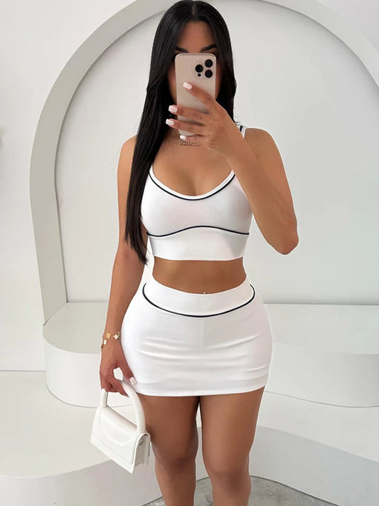 Ribbed 2 Piece Set Women Black String Backless Tank Tops+Side Split Shorts Skirt 2025 Summer New Trend Matching Suits