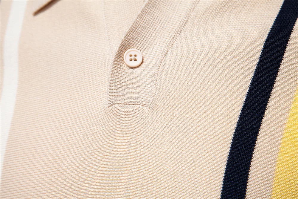 2025 Men's Breathable Striped Contrast Panel Polo Shirt - Lightweight Summer Casual Knit Top with Mesh Inserts