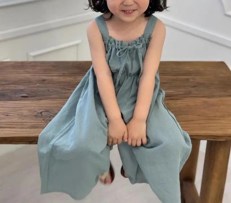 2025 Zomer Nieuwe Meisjes Mode Sling Wijde Pijpen Broek Katoen Kinderen Casual Overalls Kinderen Jumpsuit Effen Baby Meisjes Losse Broeken 4-6Y