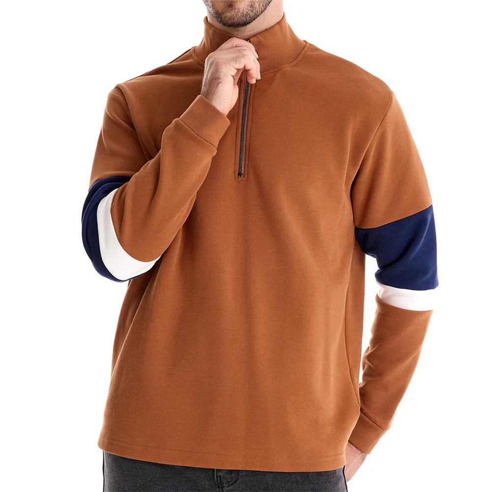 Men's Mock Neck Quarter Zip Sweatshirts Patchwork  Fashion Pullover Cotton-blend Sweatshirt for Men
