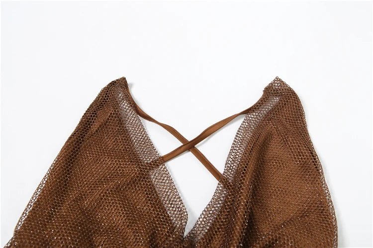 Mesh Patchwork Mini Dress Women Swing Collar Sleeveless Backless High Elastic Midnight Club Party Elegant Outfits