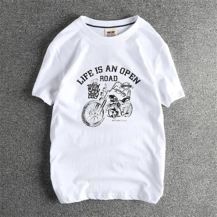 2025 Summer American Retro Short Sleeve O-neck Skeleton Motorcycle Printed T-shirt Men's Fashion 100% Cotton Washed Casual Tops
