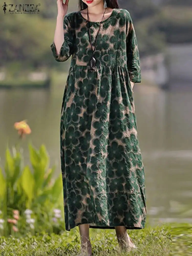 Bohemian Floral Printed Dress Autumn Long Sleeve O-Neck Maxi Robe Woman Casual Holiday Sundress Elegant Party Vestidos