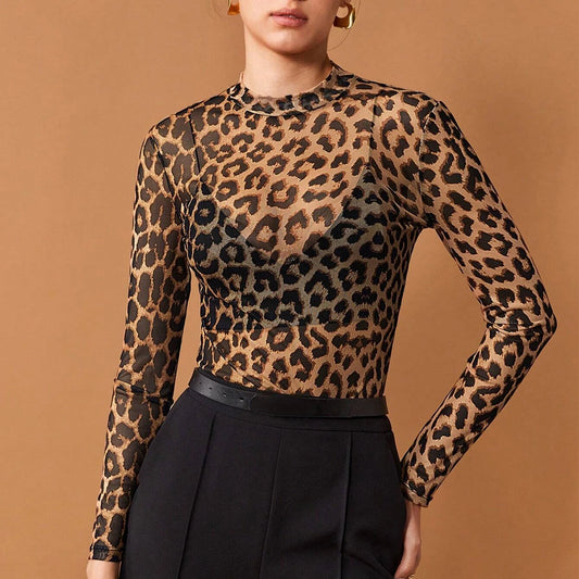 Women's T-Shirts Autumn Daily Basic Leopard Mesh Long Sleeve Crew Neck Fashion High Street T-Shirts