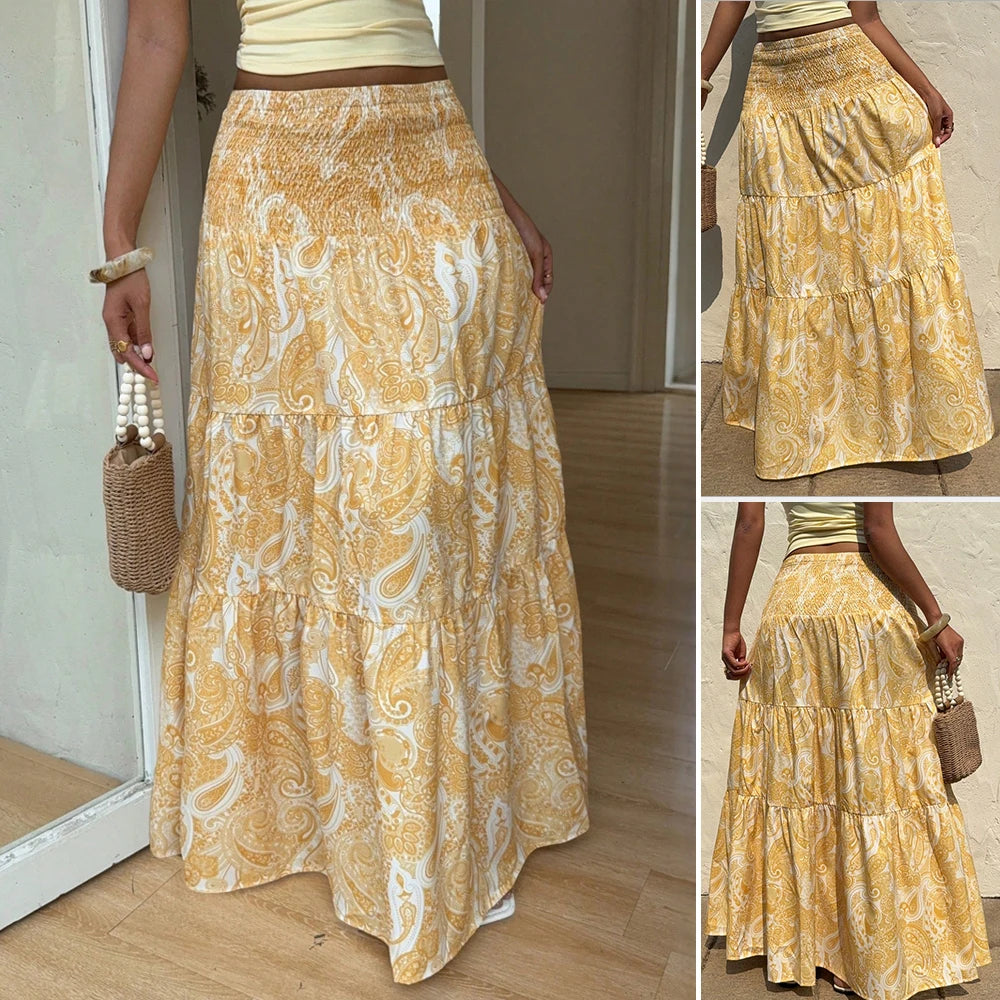 Women's Skirts Summer Elegant Fashion Korean 2025 Full Print Glamorous A-Line Maxi Business Skirts