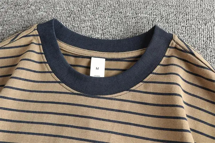 2025 Zomer Nieuwe Amerikaanse Retro 230g Korte Mouw O-hals Pet Borduurwerk Gestreept T-shirt Heren Eenvoudig Gewassen Oude Casual Losse Tops