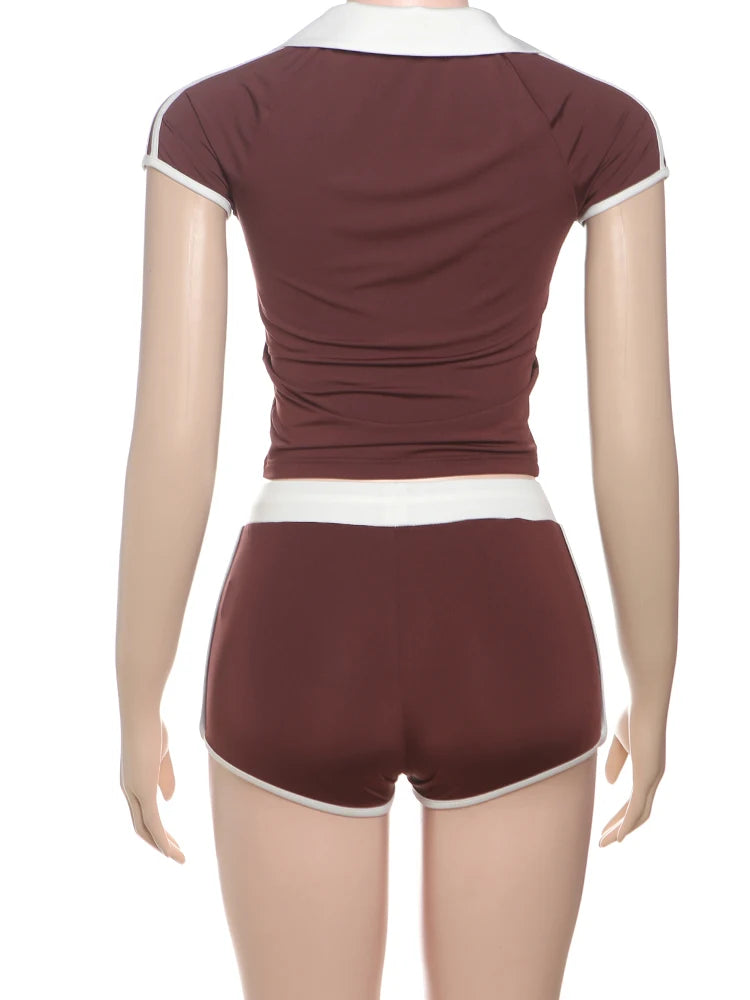 Casual Women 2 Piece Set Tracksuit Stretch Sporty Polo Neck Crop Tops + Wide Waist Shorts Matching Streetwear Outfits