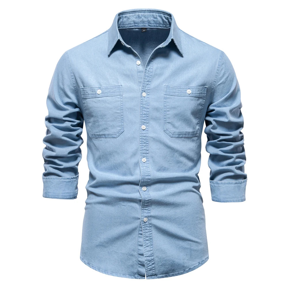 Men's Autumn Cotton Denim Shirt Solid Colour Single Pocket Casual Long Sleeve Jeans Shirt for Men