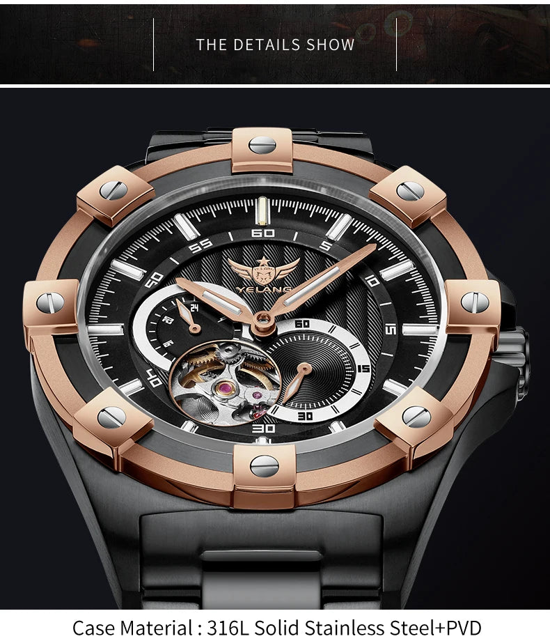 Yelang V1024 Men's 44mm Automatic Mechanical Watch Luminous 100m Water Resistant Japan Miyota 82S7 Movement Stainless Steel Band