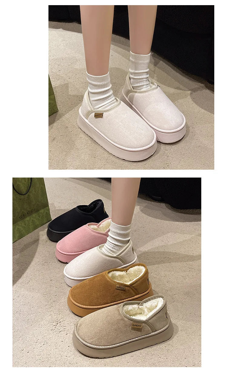 Women's Winter Warm Fuzzy Lining Cotton Shoes Fur Fluffy Slippers For Indoor and Outdoor Use With Anti-Skid Plush Thick Sole Cotton Shoes