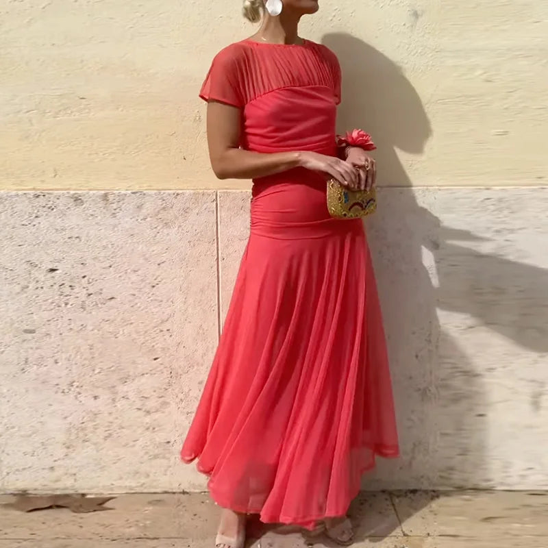 Women Summer Round Neck Loungewear Dress, See Through Solid Mesh Patchwork Elegant Maxi Dress, Short Sleeve Casual Ladies Dress