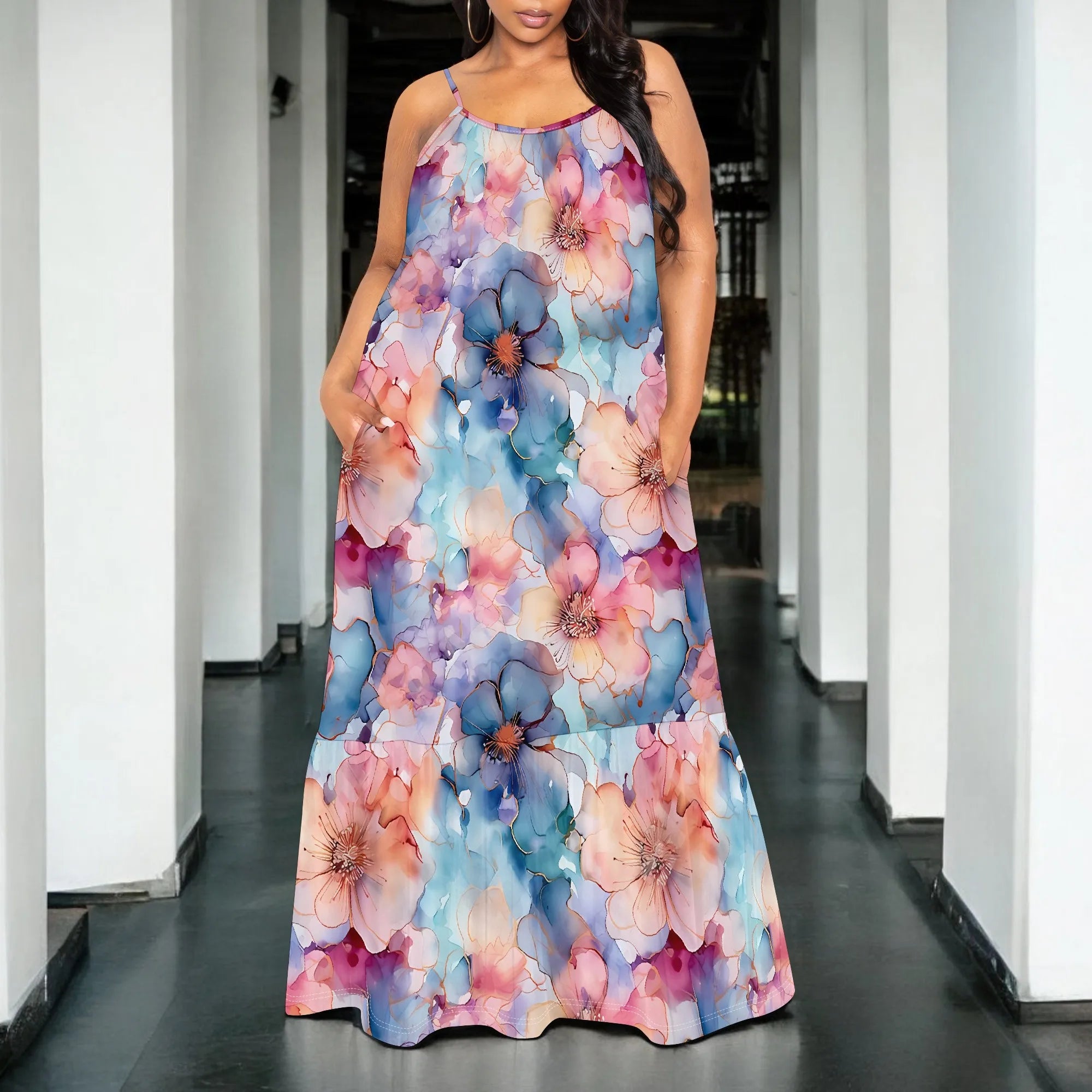 Watercolor Floral Print Sleeveless Maxi Dress Women Casual Beach Style Spaghetti Strap Outfit