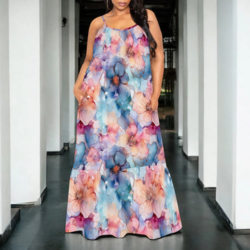 Watercolor Floral Print Sleeveless Maxi Dress Women Casual Beach Style Spaghetti Strap Outfit