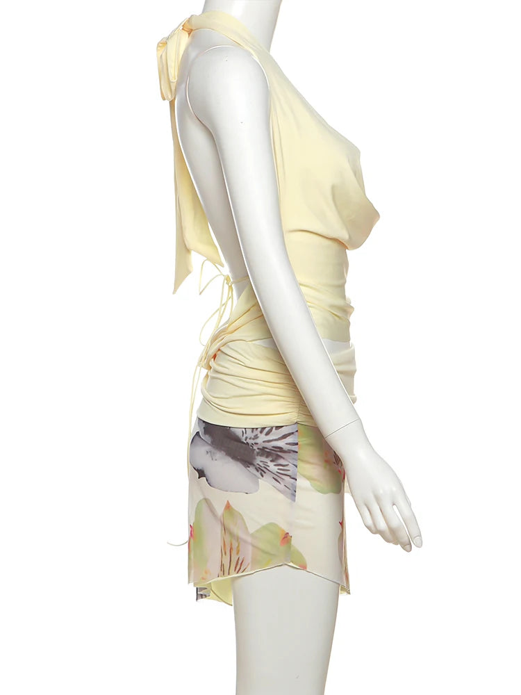 Temperament 2-Piece Set Women Halter Backless Swing Collar Tops + Wear Both Front And Back Patchwork Skirts Matching Suits