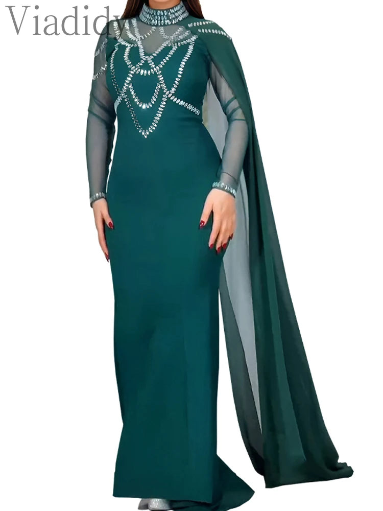 Sexy See Through Long Sleeve Solid Color Sheer Mesh Rhinestone High Slit Party Dress