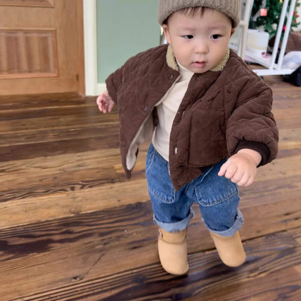 2025 Winter Nieuwe Baby Lange Mouw Warme Jas Plus Fluwelen Dikke Baby Jongen Gewatteerde Jas Meisjes Vintage Fleece Jas Kinderkleding 1-3Y