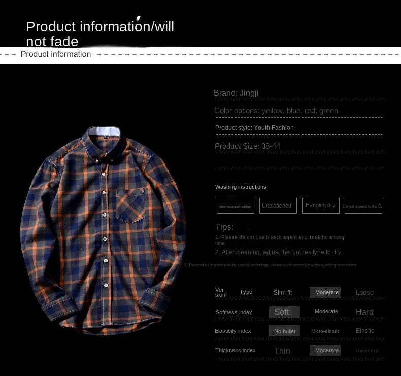100% casual geruit overhemd van katoenwol, herenoverhemd met lange mouwen, vierkleurig jeugdstijl, seniorenoverhemd