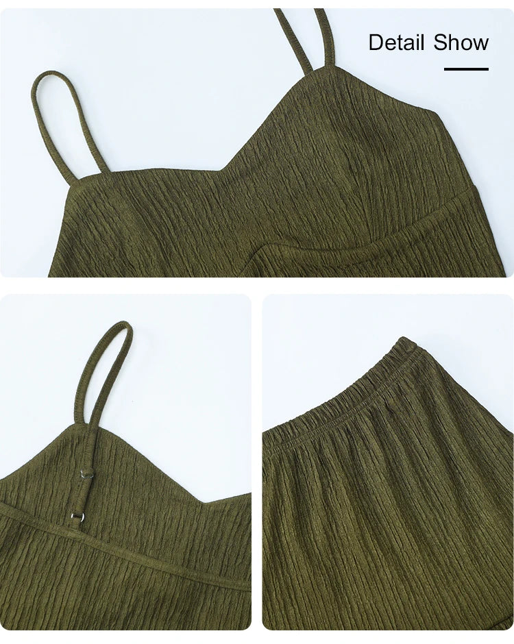 Sets Summer Simple Decent Solid Colour Screw Thread Sleeveless Sweetheart Neck High Waist Pleated Skirt Sets For Women