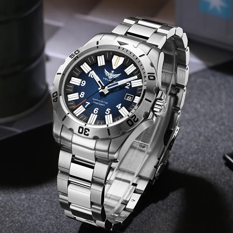 YELANG V1036 42mm Men's Quartz Watch Luminous Display Japan Movement 30ATM Waterproof Stainless Steel Band with Luminous Hands