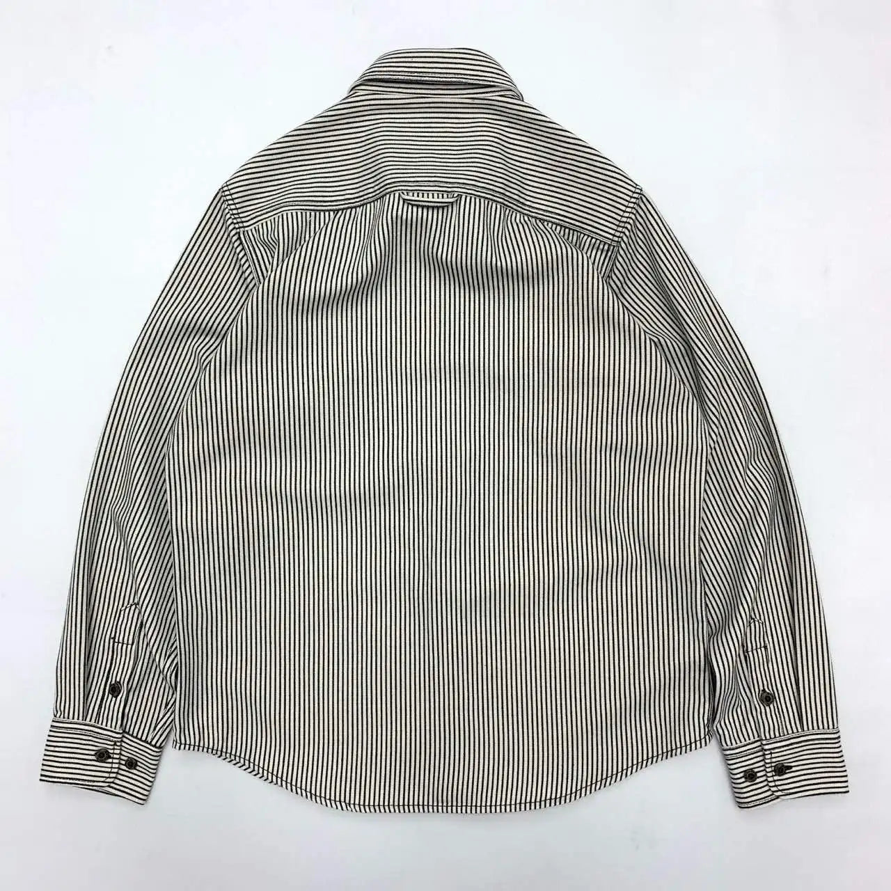 2025 Lente Nieuwe Japanse Retro Lange Mouw Revers Gestreepte Cargo Shirt Heren Amekaji 100% Katoen Gewassen Losse Dubbele Zakken Tops