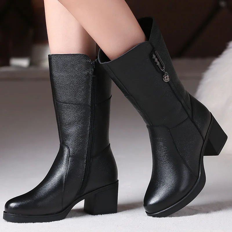 Women Genuine Leather Mid Calf Boots Female Mather Ladies Winter Fur Plush Warm