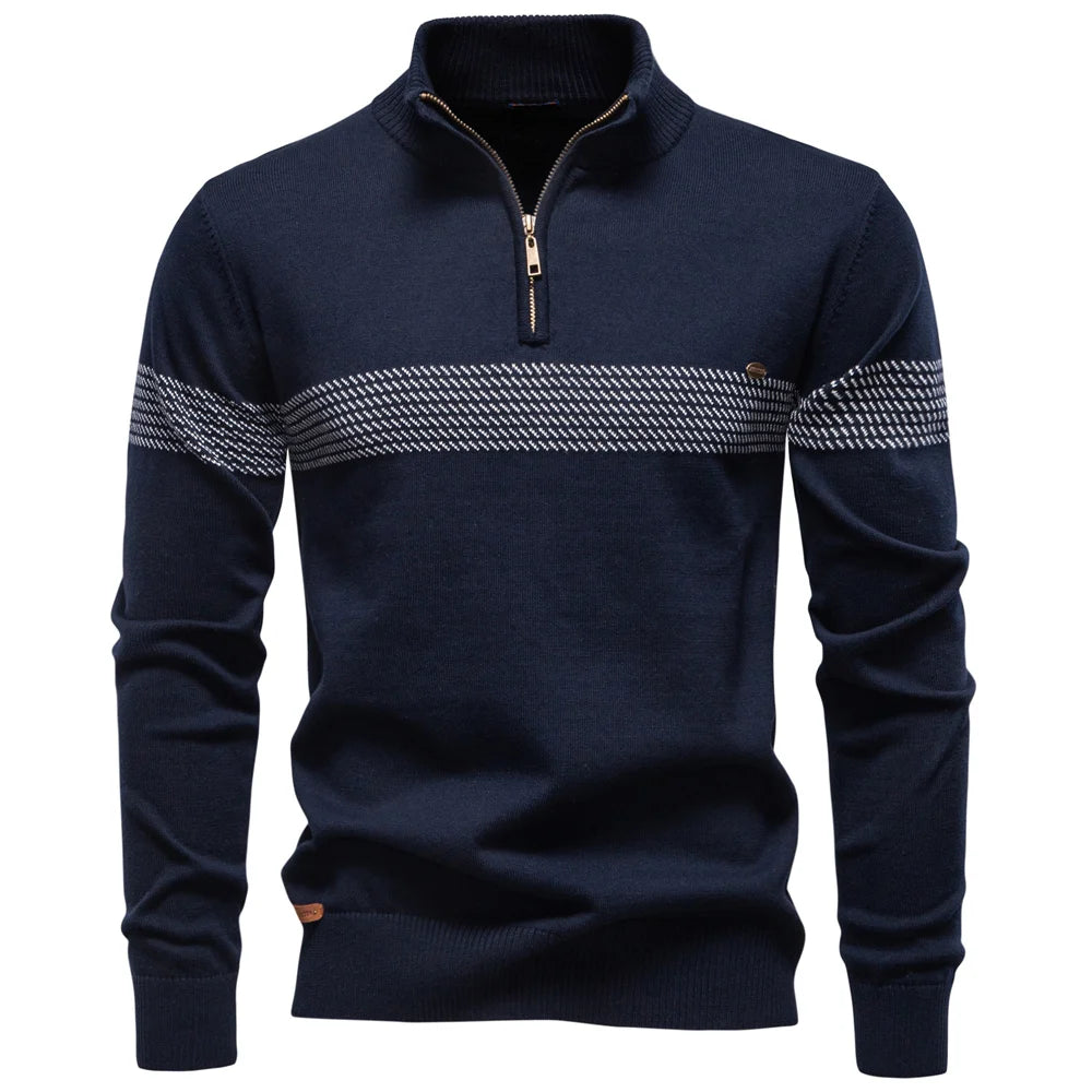 Men's Zipper Sweater Striped Design Knitted Warm Half-Zip Pullover Autumn Winter Outdoor Casual Men's Sweatshirt