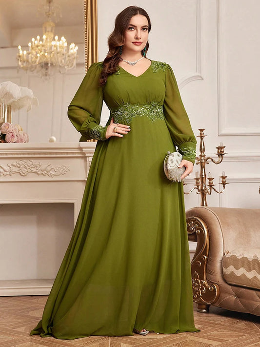 Luxury Elegant Long Sleeve Maxi Dresses Plus Size Women Wife Embroidery Patchwork High Waist Evening Party Dress