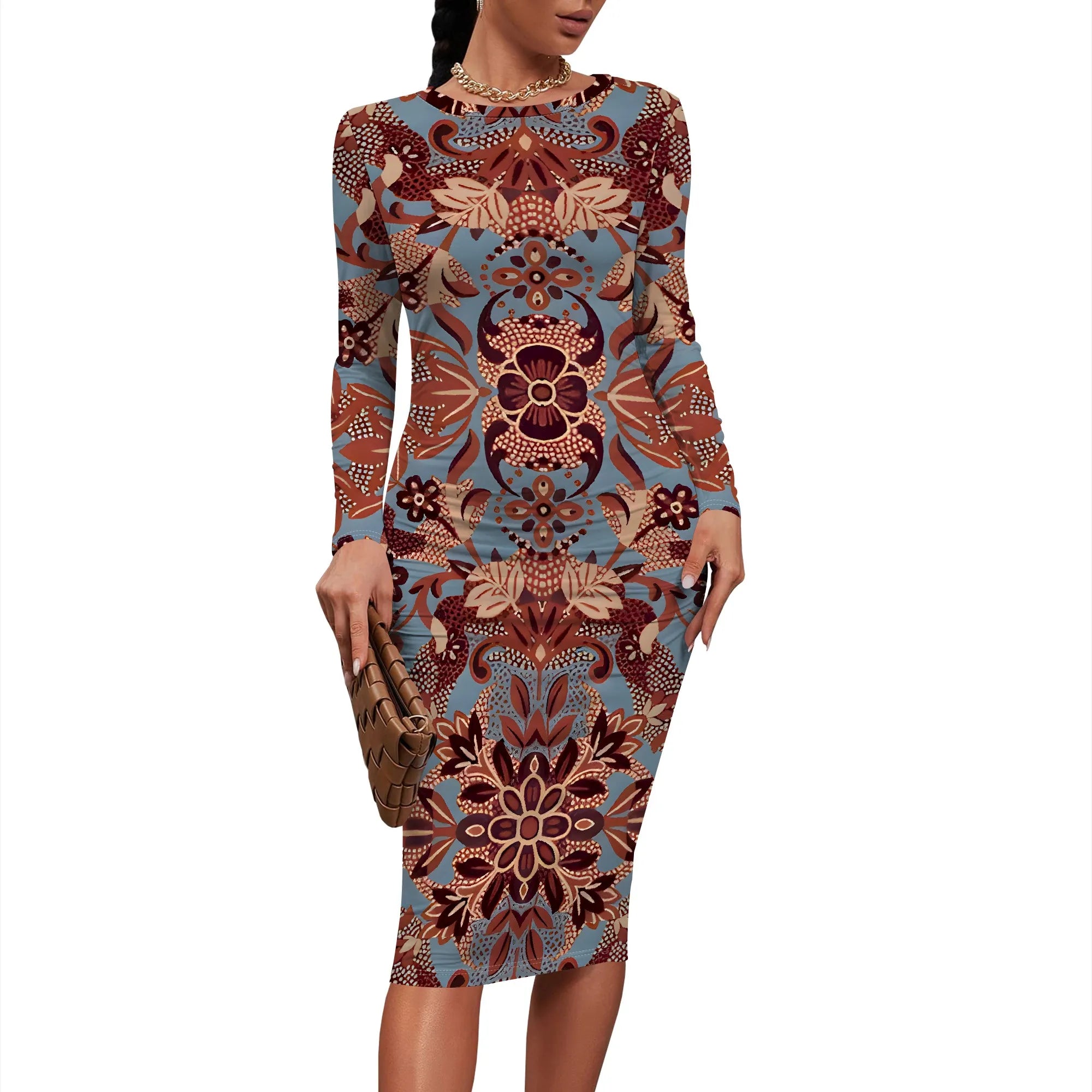 Women's 2025 Summer Dress Ruched Long Sleeve Crew Neck Midi Dress Elegant Bodycon Basic Casual Dresses