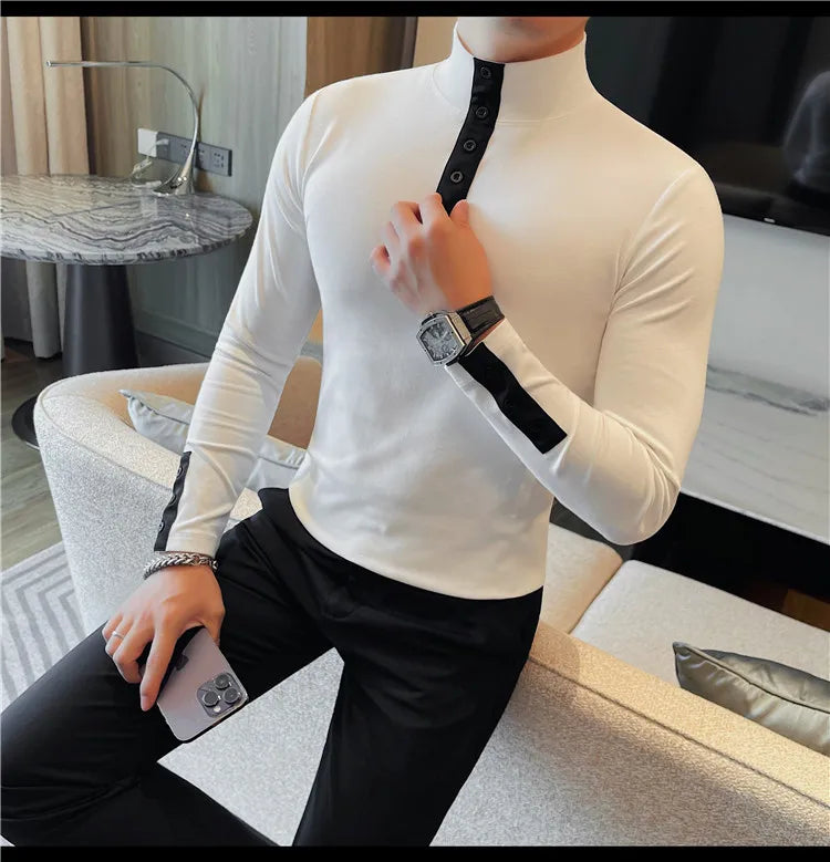 Men's High Quality Long Sleeve T-shirt For Autumn & Winter, Half-High Collar, Solid Colour Top. Collar Button Polo, Suitable As Business Casual