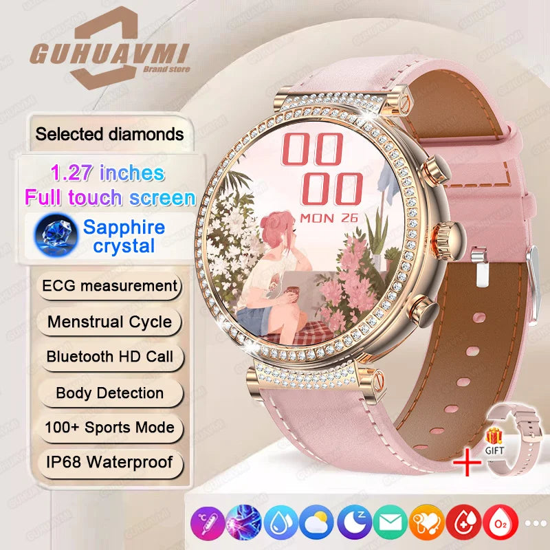 Women Diamond Smart Watch ECG Women Health tracking Watch Full Touch Screen BT Call Custom dial Smartwatch Compatible with Huawei & Xiaomi IOS