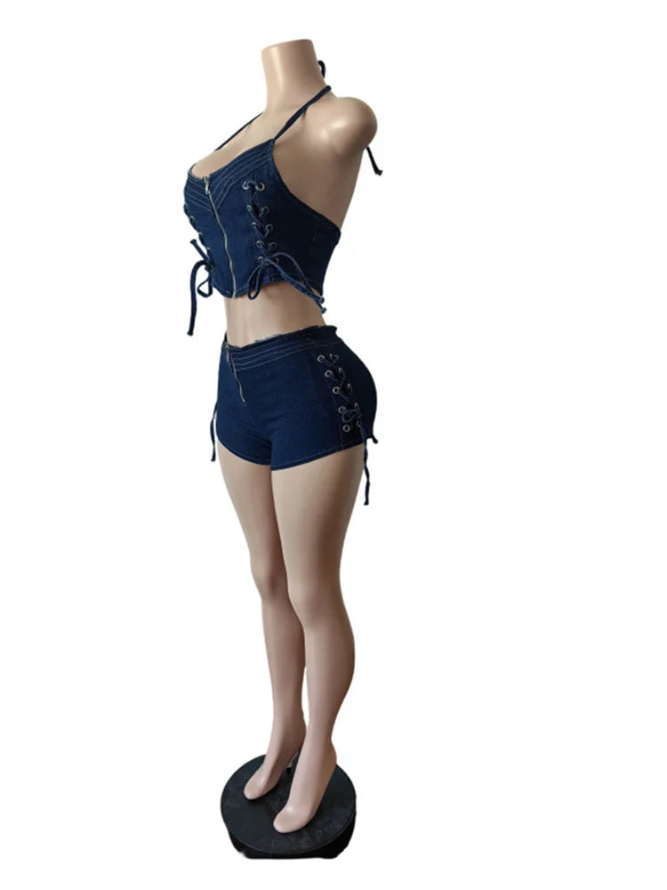 Shirring Decoration Denim 2 Piece Set Women Halter Low-Neck Backless Tops + Skinny Shorts Hottie Street Fashion Suits