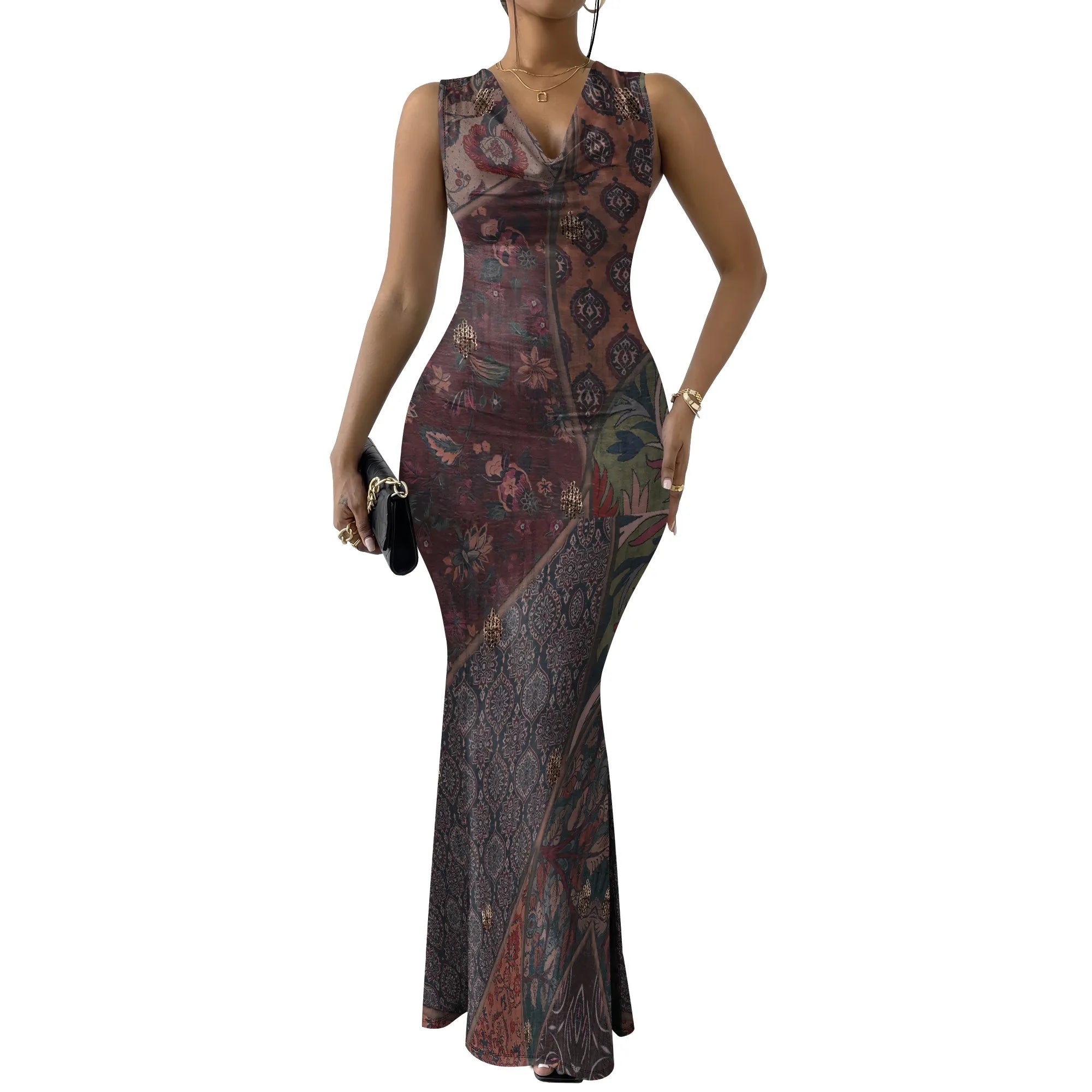 Women's V-Neck Sleeveless Maxi Dress Purple Sketch Floral Print Elegant Bodycon Summer Party Dress