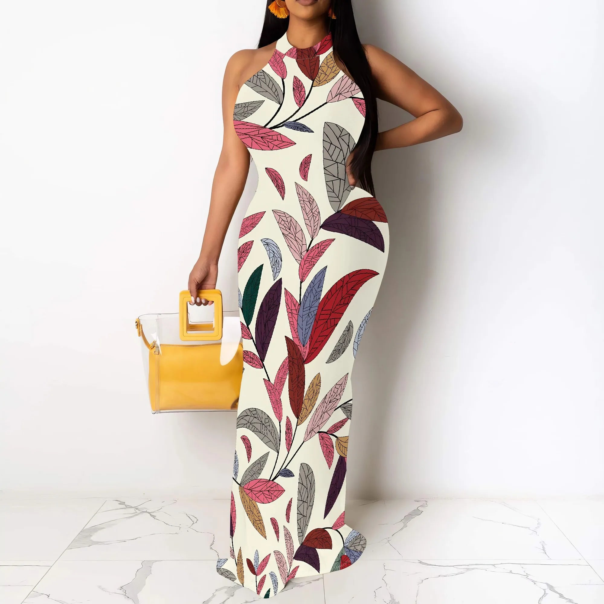 Vintage Leaf Print Halter Neck Maxi Dress for Women Elegant Slim Fit Sleeveless Summer Style