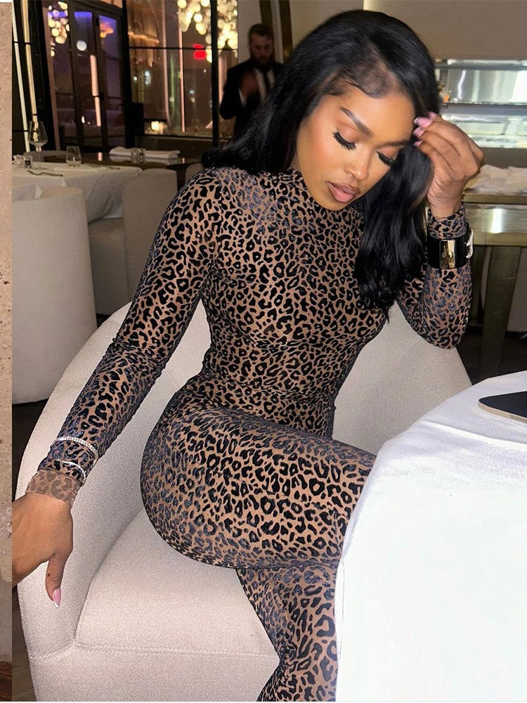 Autumn Sexy Leopard Mesh Jumpsuit Women Sexy Hipster Zip Stretch Midnight Workout Clubwear Fitness Street Overalls