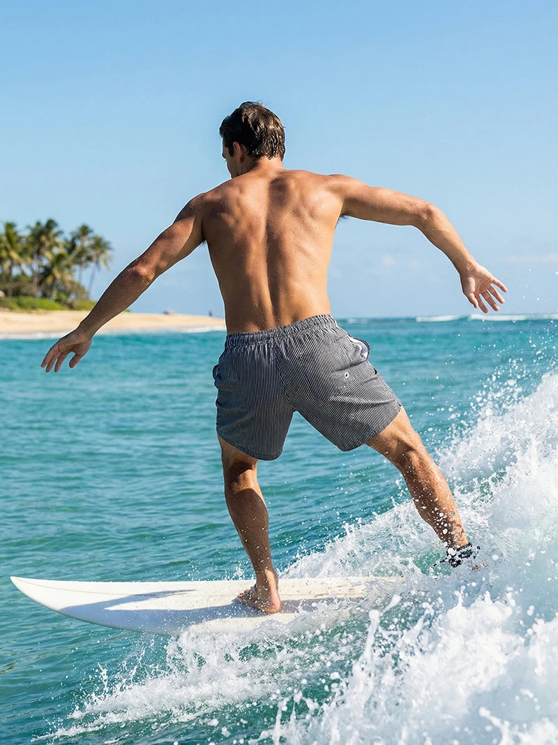 Men’s Quick-Dry Striped Swim Shorts – Beach Board Shorts with Mesh Liner & Pockets for Summer Swimwear