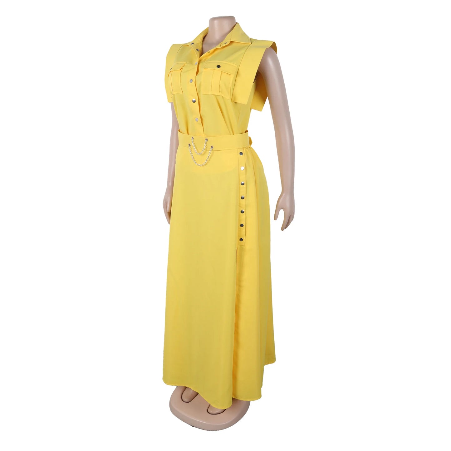 Women's Casual Solid Color Sleeveless Button Front Shirt Blouse and High Waist Big Swing Skirt 2pcs Set