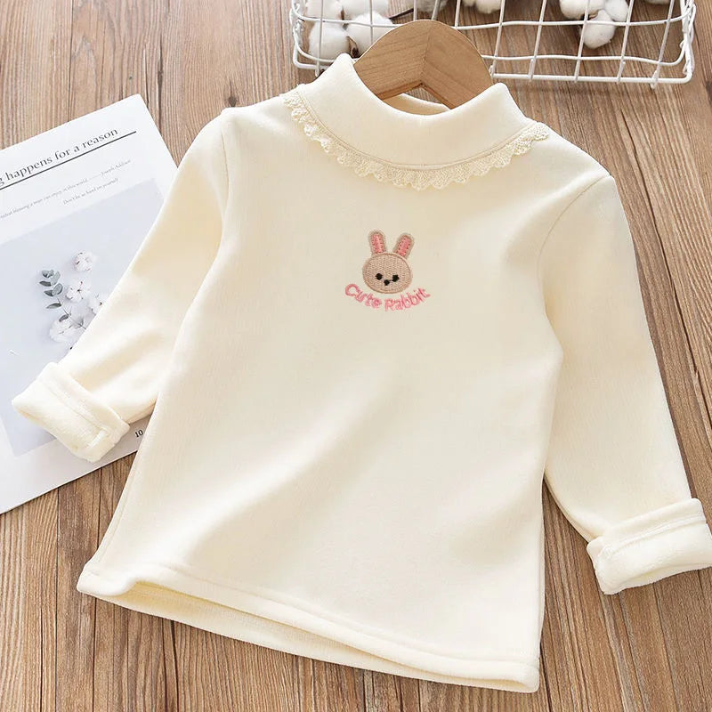 New Autumn Kids Fleece Padded Shirts Cute Embroidery Rabbit Girls Thicken Blouse Versatile Warm Children Lace Tops 1-9T Girls