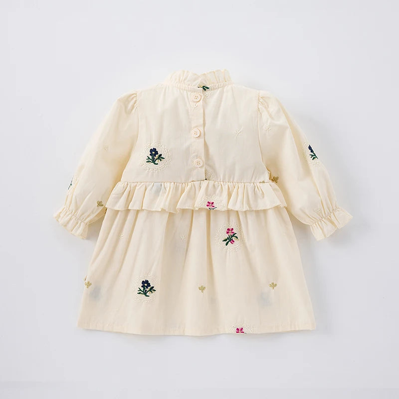 Spring Girls' Long Sleeve Dress 0-6Y Flower Embroidery Ruffled Collar Baby Children's Princess Dress Retro Style Kid's Clothing