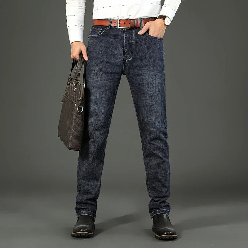 New Business Men's Jeans Casual Straight Stretch Fashion Classic Blue Black Work Denim Trousers Male Brand Clothing