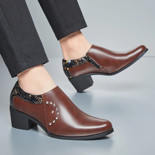 Retro Men European Fashionable Rivet Oxfords Dress Shoes High Heel Male Party Dressing Shoes Height Increasing Zipper Shoe