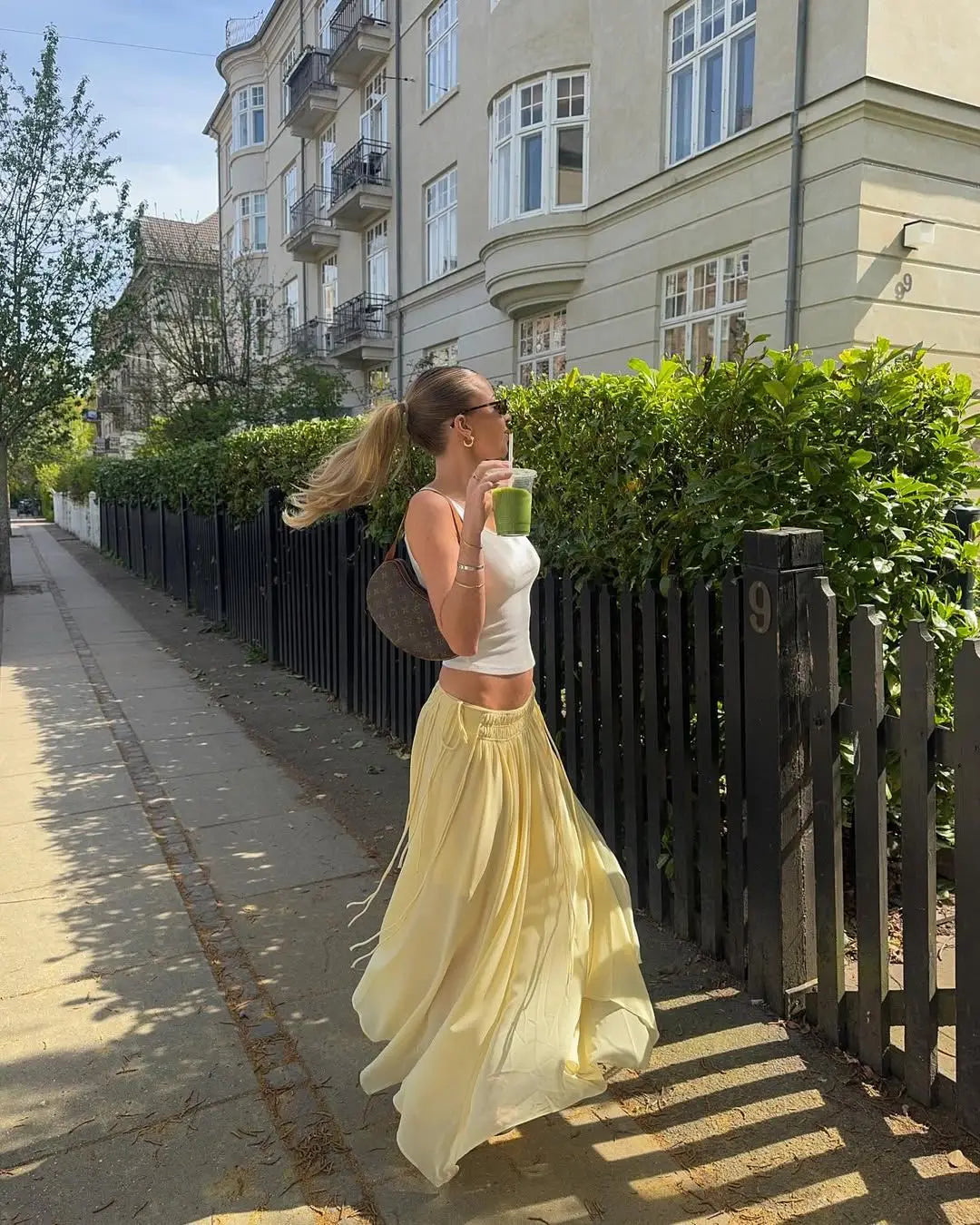 Elegant Yellow Chiffon Midi Skirt High Waist Drawstring Loose Fit Women's Summer Holiday Fashion A-Line Skirts
