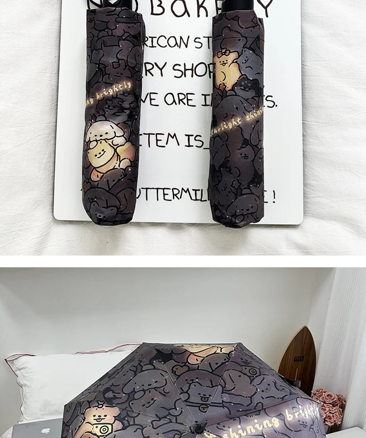 Automatic Fold Umbrella with Shiny Puppy Design | All-Weather UV Sunshade | High - End Ins Style for Women