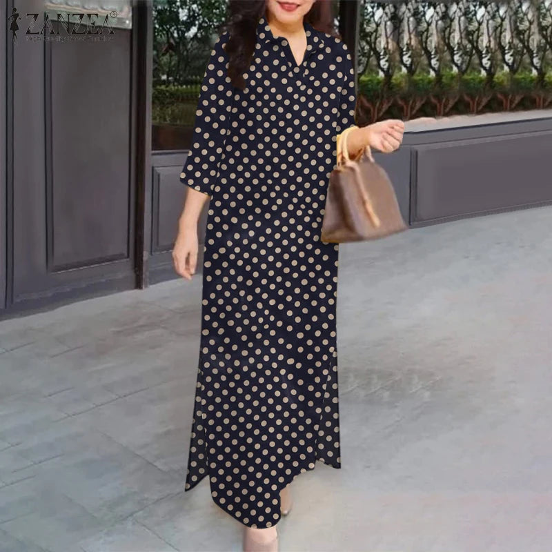 Polka Dot Vintage Shirtdress Women 2025 Autumn Loose Casual 3/4 Sleeve Turn-down Collar Vestidos Holiday Maxi Dress
