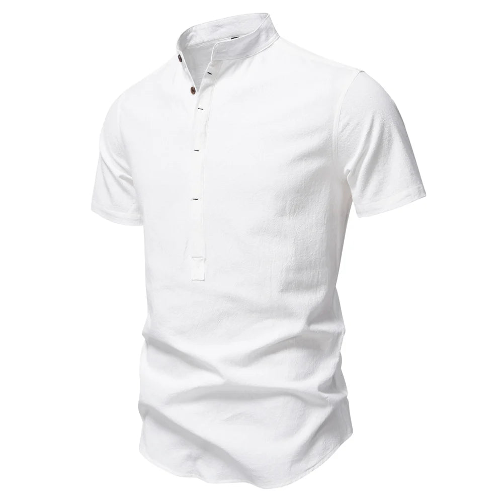 Men's Short Sleeve Solid Colour Linen Shirt Turn Down Collar Casual Summer Breathable Comfort Shirts for Men‌