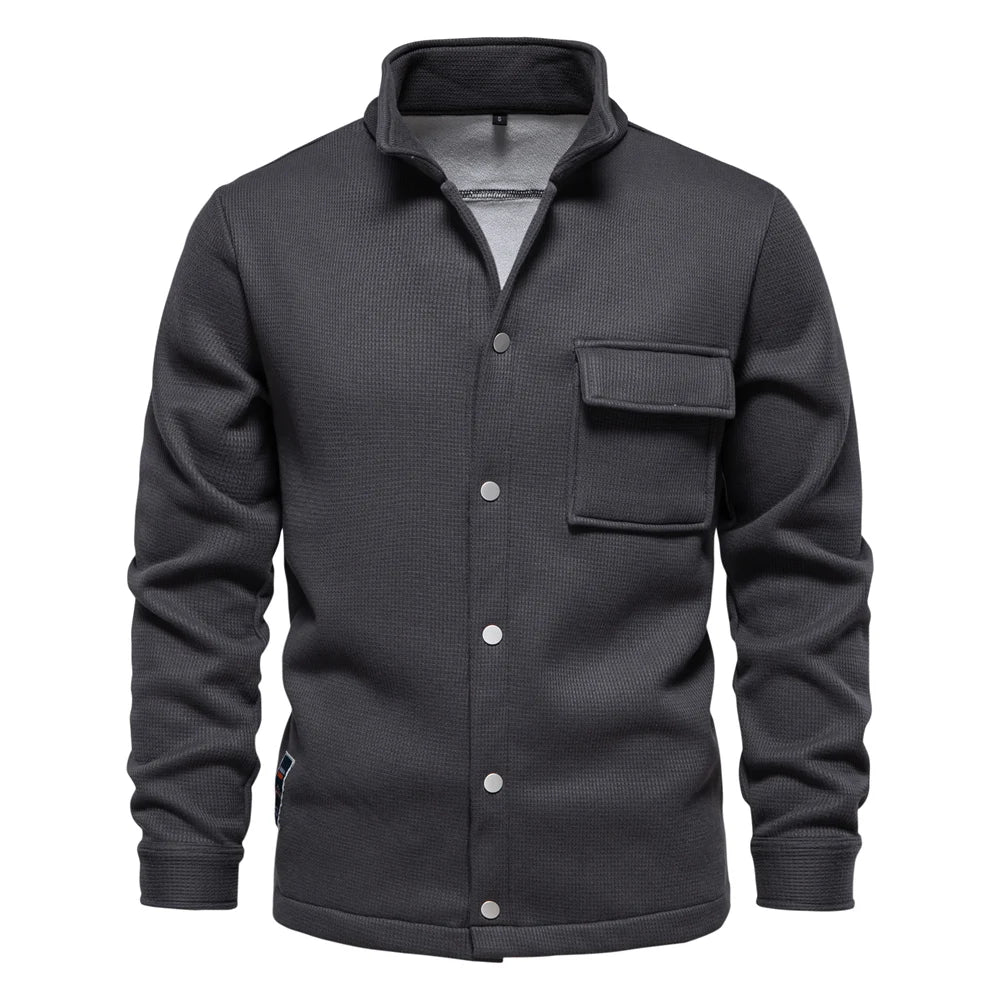 Herrenjacke mit Waffel-Fleece-Futter, dick, warm, mit Tasche, Knopfleiste, Stehkragen, Oberbekleidung, Winterjacken, Mäntel für Herren